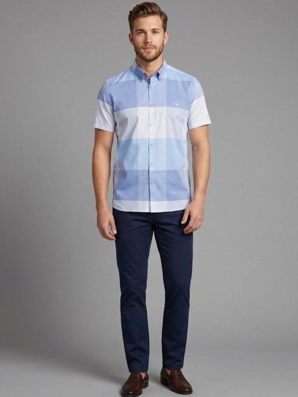 Ted Baker Colorblock Short Sleeve Sport Button-Down Shirt Blue Men's 2/M